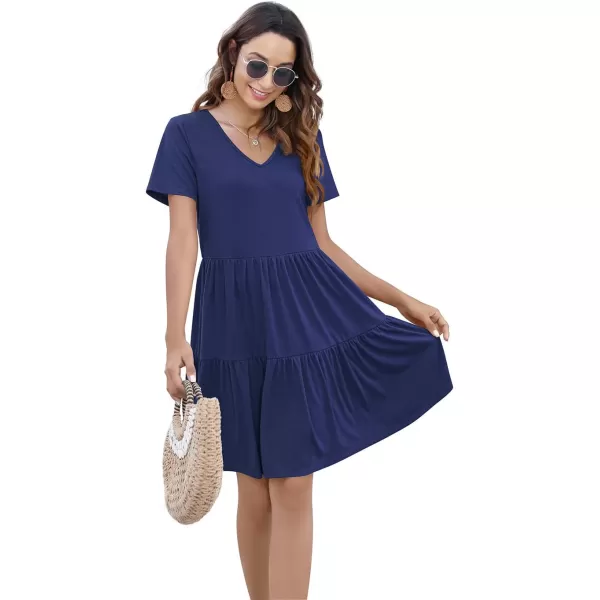 Arolina Womens Casual Swing Shift Dress Summer V Neck Short Sleeve Babydoll Ruffle Dress Tunic DressA Navy Blue