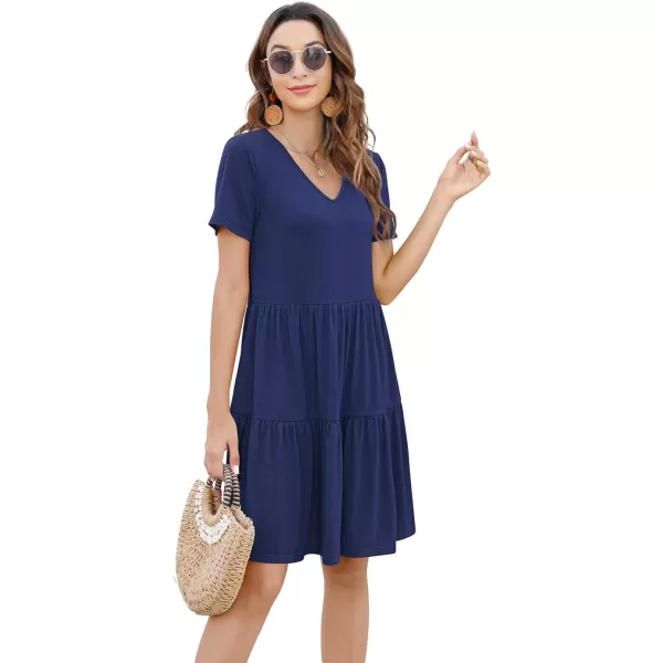 Arolina Womens Casual Swing Shift Dress Summer V Neck Short Sleeve Babydoll Ruffle Dress Tunic DressA Navy Blue
