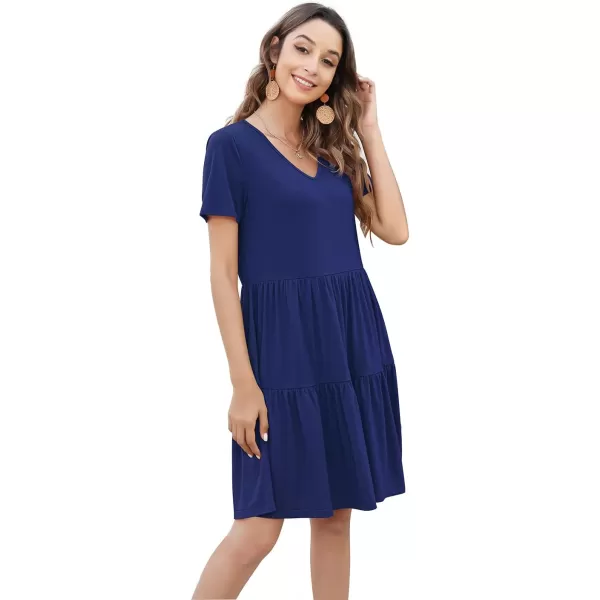 Arolina Womens Casual Swing Shift Dress Summer V Neck Short Sleeve Babydoll Ruffle Dress Tunic DressA Navy Blue