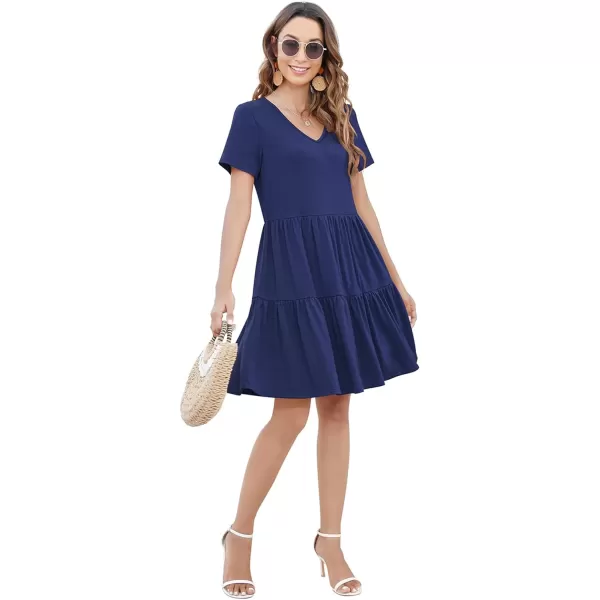 Arolina Womens Casual Swing Shift Dress Summer V Neck Short Sleeve Babydoll Ruffle Dress Tunic DressA Navy Blue