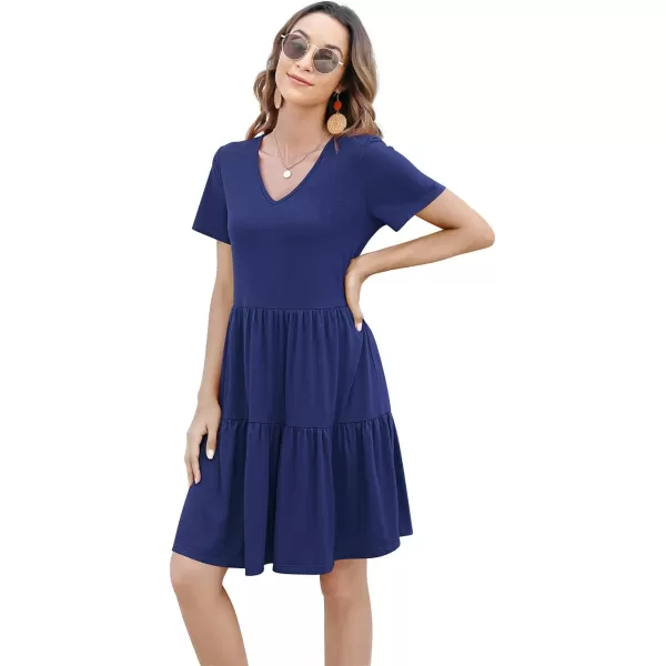 Arolina Womens Casual Swing Shift Dress Summer V Neck Short Sleeve Babydoll Ruffle Dress Tunic DressA Navy Blue