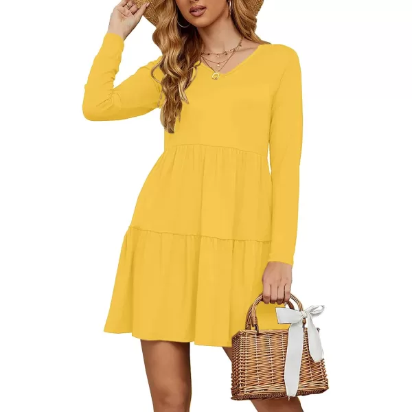 Arolina Womens Casual Swing Shift Dress Summer V Neck Short Sleeve Babydoll Ruffle Dress Tunic DressLong Sleeve Yellow