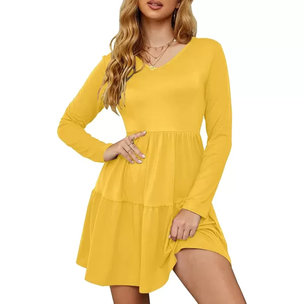 Arolina Womens Casual Swing Shift Dress Summer V Neck Short Sleeve Babydoll Ruffle Dress Tunic DressLong Sleeve Yellow