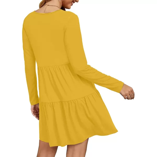 Arolina Womens Casual Swing Shift Dress Summer V Neck Short Sleeve Babydoll Ruffle Dress Tunic DressLong Sleeve Yellow