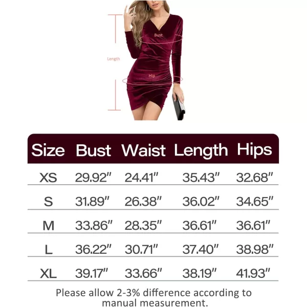 Arolina Womens Christmas Wrap V Neck Long Sleeve Velvet Dress Elegant Bodycon Ruched Cocktail Party Mini DressesWine Red