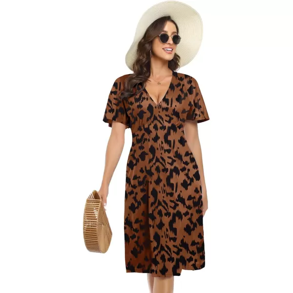 Arolina Womens Short Sleeve V Neck A Line Casual Summer Midi Dress Comfy Elastic Waist Party Dresses with PocketsBlackb Leopard