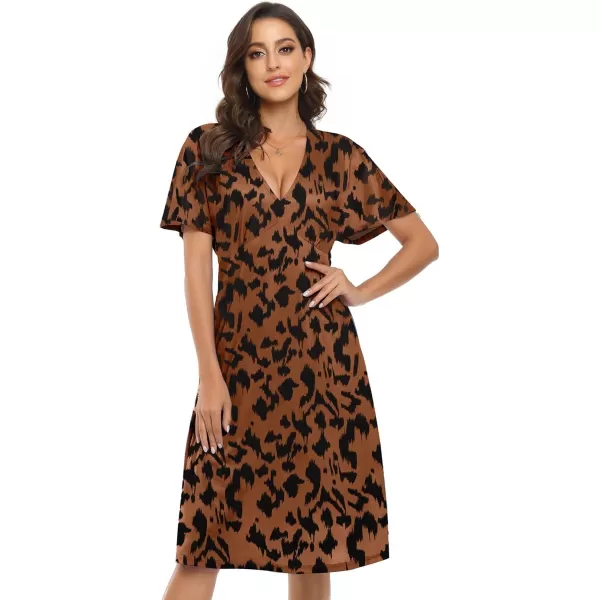 Arolina Womens Short Sleeve V Neck A Line Casual Summer Midi Dress Comfy Elastic Waist Party Dresses with PocketsBlackb Leopard