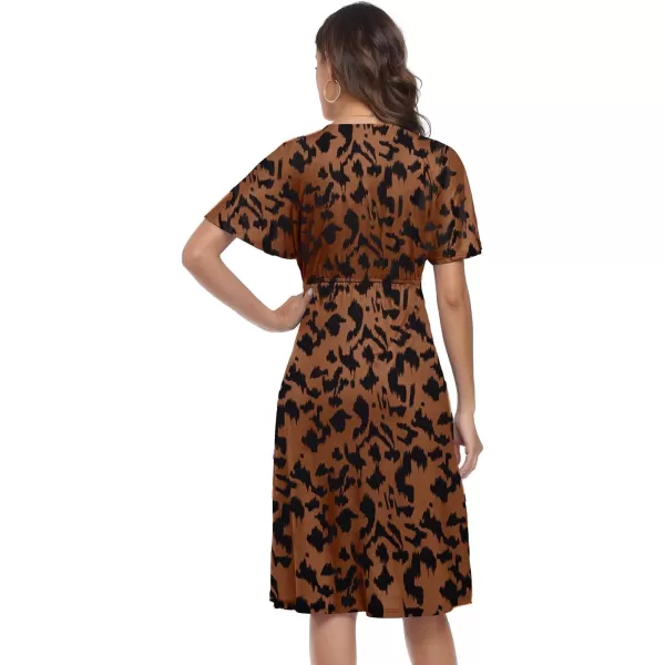 Arolina Womens Short Sleeve V Neck A Line Casual Summer Midi Dress Comfy Elastic Waist Party Dresses with PocketsBlackb Leopard