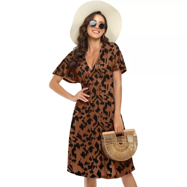 Arolina Womens Short Sleeve V Neck A Line Casual Summer Midi Dress Comfy Elastic Waist Party Dresses with PocketsBlackb Leopard