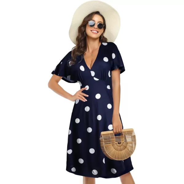 Arolina Womens Short Sleeve V Neck A Line Casual Summer Midi Dress Comfy Elastic Waist Party Dresses with PocketsBlue Dot