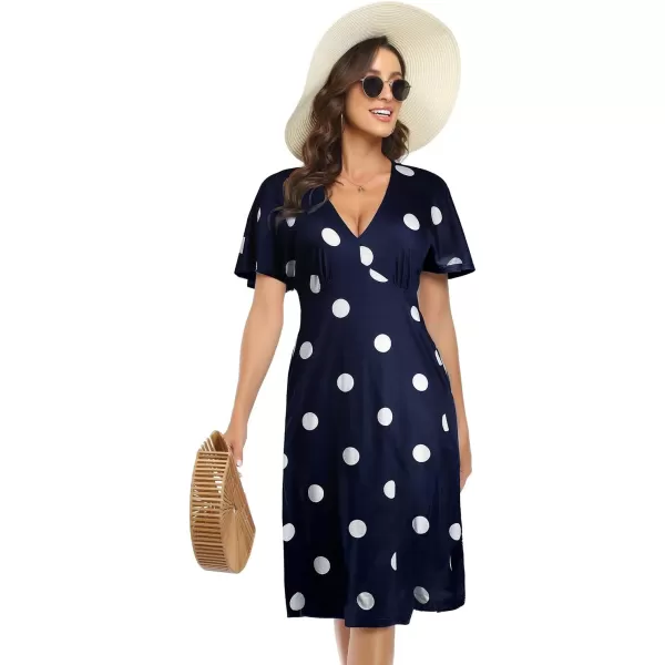 Arolina Womens Short Sleeve V Neck A Line Casual Summer Midi Dress Comfy Elastic Waist Party Dresses with PocketsBlue Dot