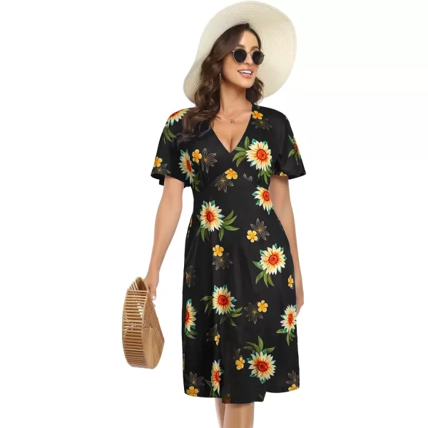 Arolina Womens Short Sleeve V Neck A Line Casual Summer Midi Dress Comfy Elastic Waist Party Dresses with PocketsSunnyflower