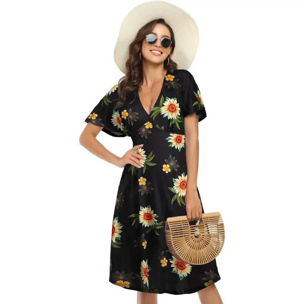 Arolina Womens Short Sleeve V Neck A Line Casual Summer Midi Dress Comfy Elastic Waist Party Dresses with PocketsSunnyflower