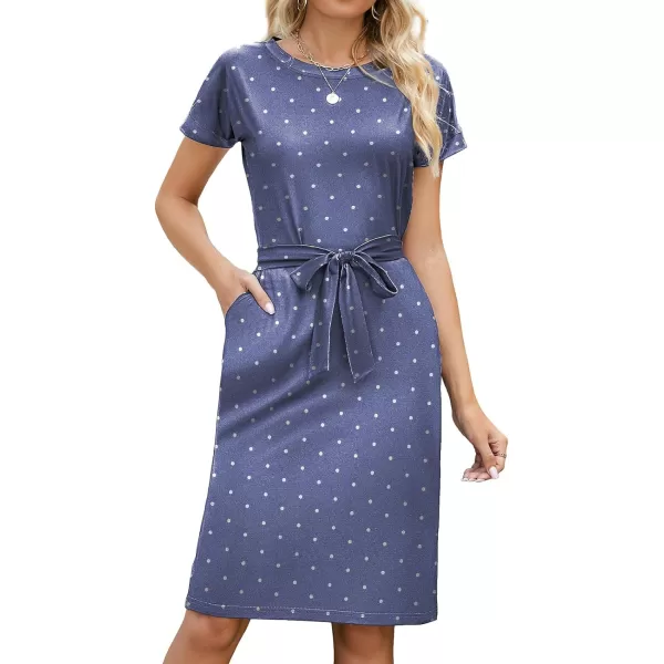 Arolina Womens Summer Casual Midi Dresses Striped Short Sleeve T Shirt Dress Crewneck Tie Waist with PocketsBlue Polka Dots