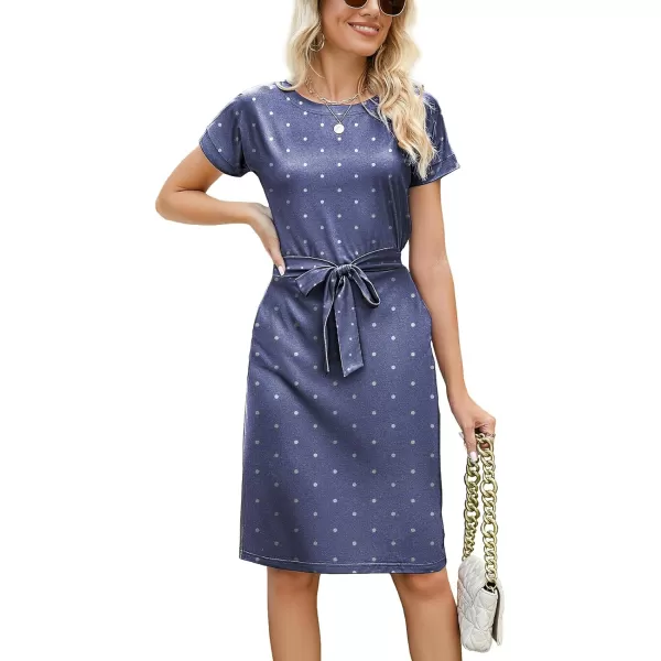 Arolina Womens Summer Casual Midi Dresses Striped Short Sleeve T Shirt Dress Crewneck Tie Waist with PocketsBlue Polka Dots