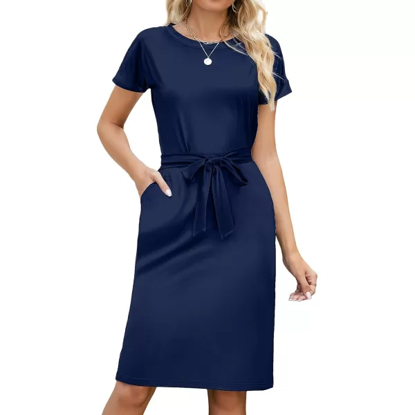 Arolina Womens Summer Casual Midi Dresses Striped Short Sleeve T Shirt Dress Crewneck Tie Waist with PocketsSolid Navy