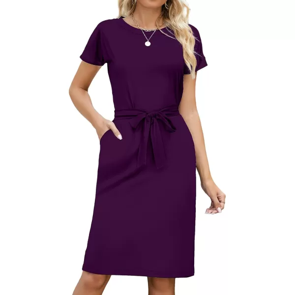 Arolina Womens Summer Casual Midi Dresses Striped Short Sleeve T Shirt Dress Crewneck Tie Waist with PocketsSolid Purple