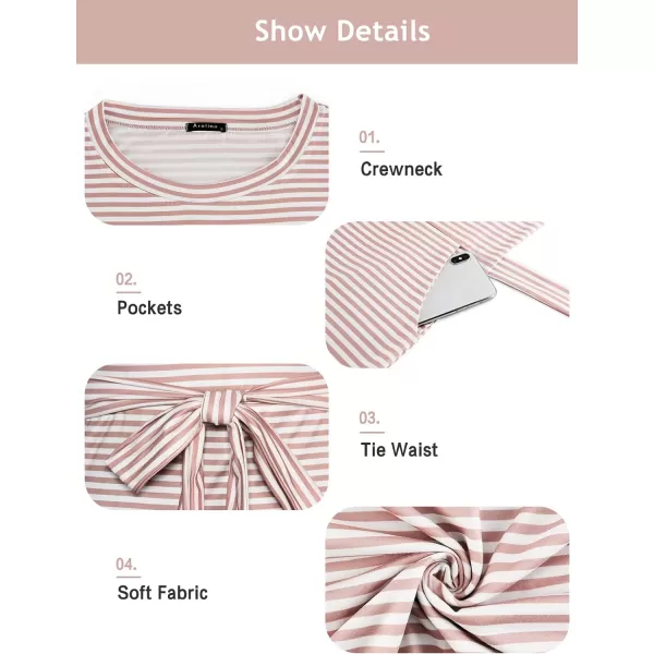 Arolina Womens Summer Casual Midi Dresses Striped Short Sleeve T Shirt Dress Crewneck Tie Waist with PocketsStripe Pink