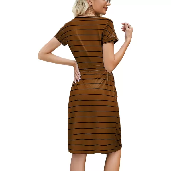 Arolina Womens Summer Casual Midi Dresses Striped Short Sleeve T Shirt Dress Crewneck Tie Waist with PocketsZ Coffeebrownstriped