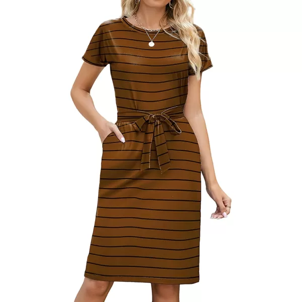 Arolina Womens Summer Casual Midi Dresses Striped Short Sleeve T Shirt Dress Crewneck Tie Waist with PocketsZ Coffeebrownstriped