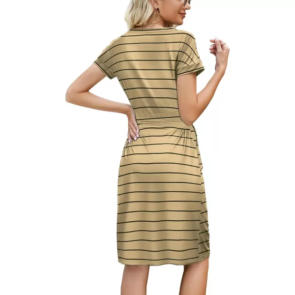 Arolina Womens Summer Casual Midi Dresses Striped Short Sleeve T Shirt Dress Crewneck Tie Waist with PocketsZ Khakistriped