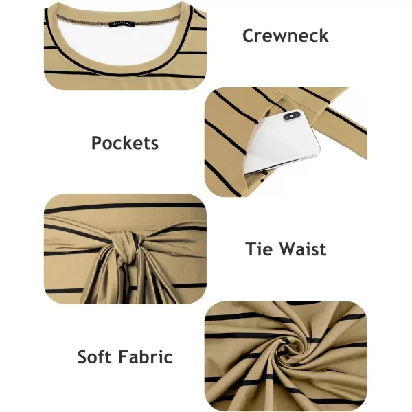 Arolina Womens Summer Casual Midi Dresses Striped Short Sleeve T Shirt Dress Crewneck Tie Waist with PocketsZ Khakistriped
