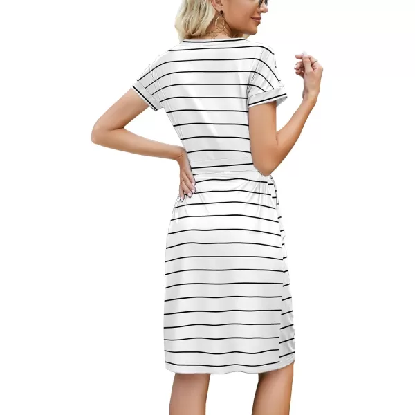 Arolina Womens Summer Casual Midi Dresses Striped Short Sleeve T Shirt Dress Crewneck Tie Waist with PocketsZ Whitestriped