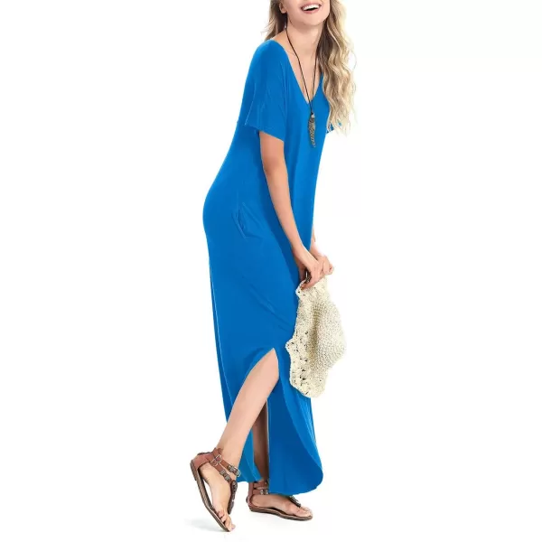 Arolina Womens Summer Maxi Dress Short Sleeve V Neck Casual Loose Long Beach Split Dresses with PocketsAcid Blue