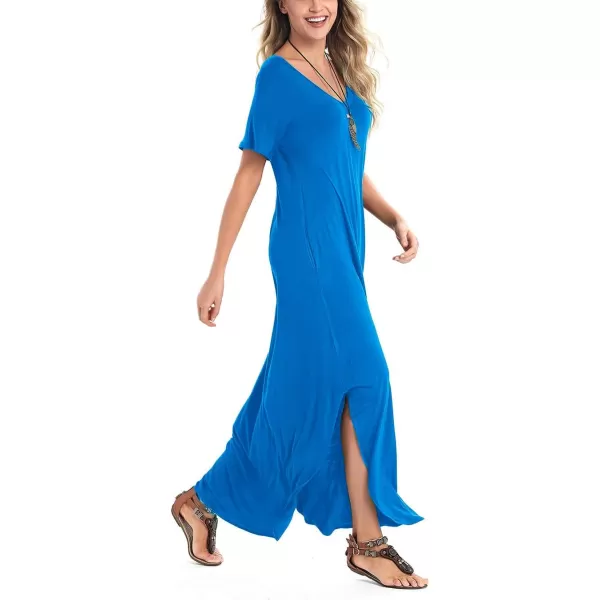 Arolina Womens Summer Maxi Dress Short Sleeve V Neck Casual Loose Long Beach Split Dresses with PocketsAcid Blue