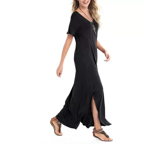 Arolina Womens Summer Maxi Dress Short Sleeve V Neck Casual Loose Long Beach Split Dresses with PocketsBlack