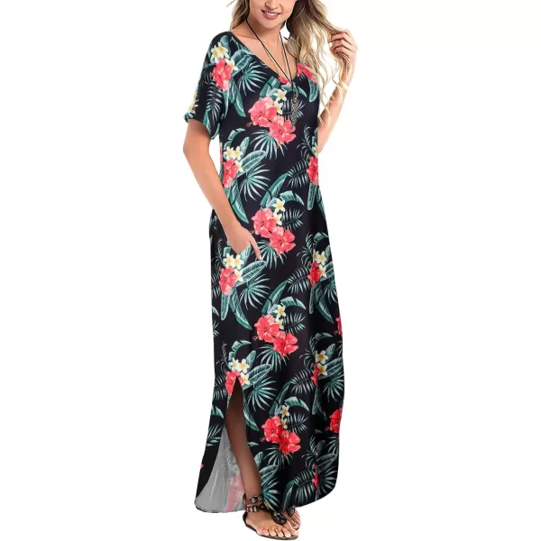 Arolina Womens Summer Maxi Dress Short Sleeve V Neck Casual Loose Long Beach Split Dresses with PocketsBlackredflower