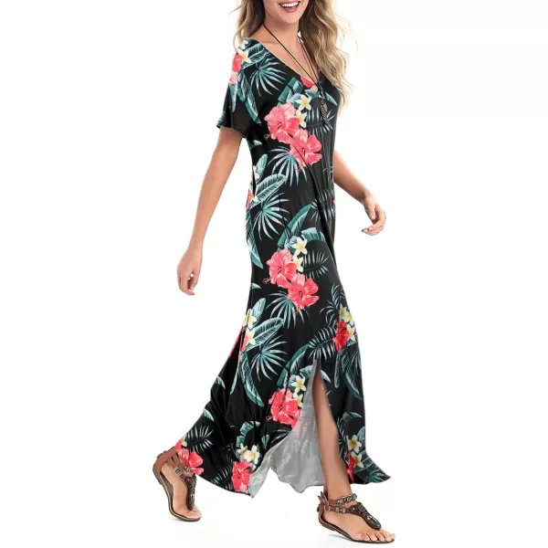 Arolina Womens Summer Maxi Dress Short Sleeve V Neck Casual Loose Long Beach Split Dresses with PocketsBlackredflower