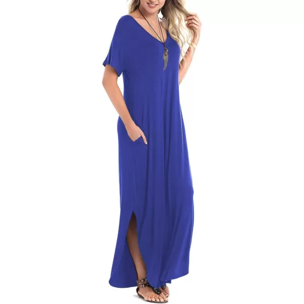 Arolina Womens Summer Maxi Dress Short Sleeve V Neck Casual Loose Long Beach Split Dresses with PocketsBlue