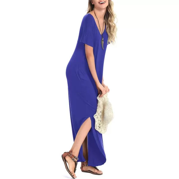 Arolina Womens Summer Maxi Dress Short Sleeve V Neck Casual Loose Long Beach Split Dresses with PocketsBlue