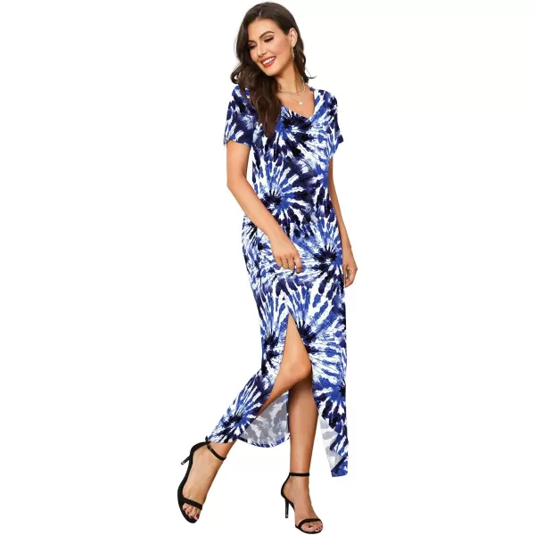 Arolina Womens Summer Maxi Dress Short Sleeve V Neck Casual Loose Long Beach Split Dresses with PocketsBlue Swirl Dye