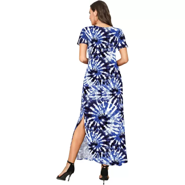 Arolina Womens Summer Maxi Dress Short Sleeve V Neck Casual Loose Long Beach Split Dresses with PocketsBlue Swirl Dye