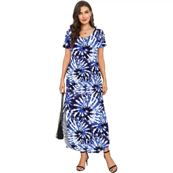 Arolina Womens Summer Maxi Dress Short Sleeve V Neck Casual Loose Long Beach Split Dresses with PocketsBlue Swirl Dye