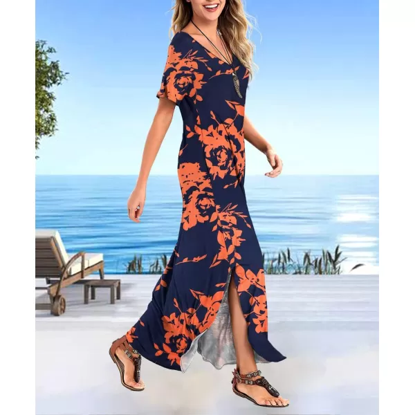 Arolina Womens Summer Maxi Dress Short Sleeve V Neck Casual Loose Long Beach Split Dresses with PocketsBluegold Flower