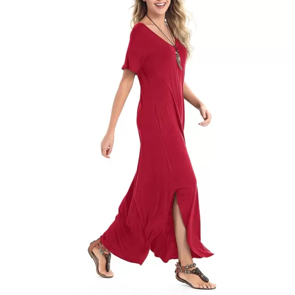 Arolina Womens Summer Maxi Dress Short Sleeve V Neck Casual Loose Long Beach Split Dresses with PocketsBurgundy