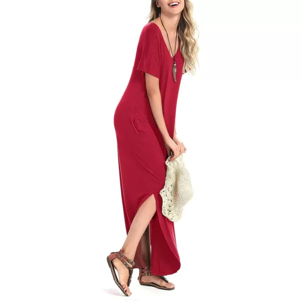 Arolina Womens Summer Maxi Dress Short Sleeve V Neck Casual Loose Long Beach Split Dresses with PocketsBurgundy