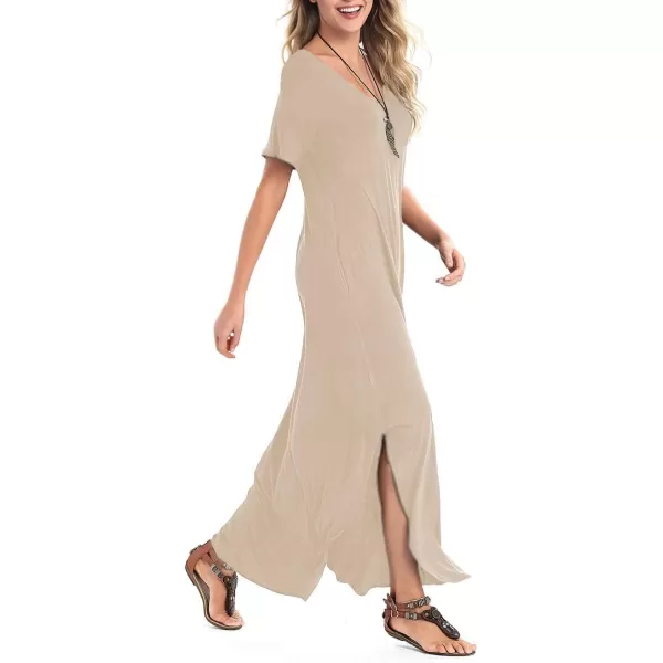 Arolina Womens Summer Maxi Dress Short Sleeve V Neck Casual Loose Long Beach Split Dresses with PocketsCoffee