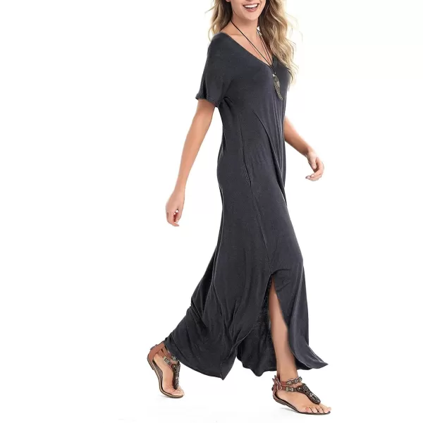 Arolina Womens Summer Maxi Dress Short Sleeve V Neck Casual Loose Long Beach Split Dresses with PocketsDark Grey