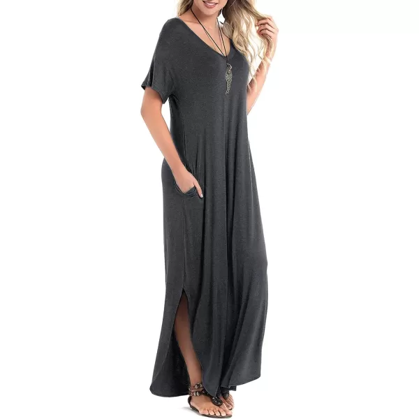 Arolina Womens Summer Maxi Dress Short Sleeve V Neck Casual Loose Long Beach Split Dresses with PocketsDark Grey