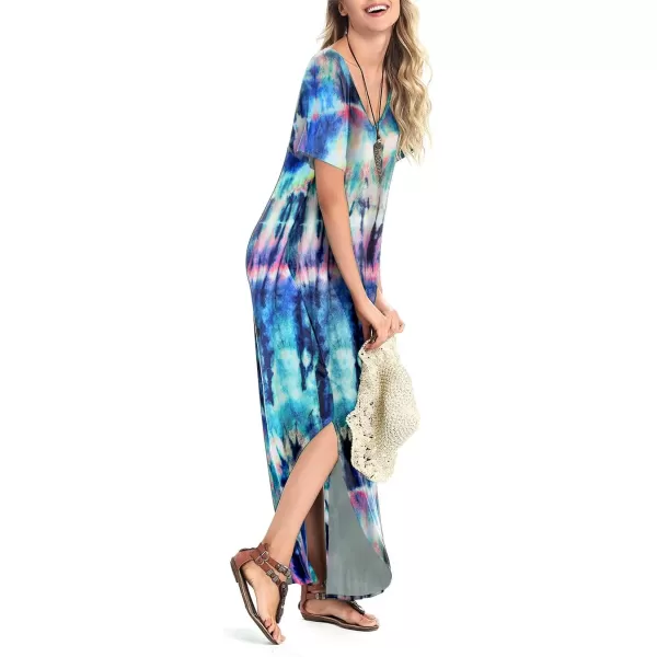 Arolina Womens Summer Maxi Dress Short Sleeve V Neck Casual Loose Long Beach Split Dresses with PocketsFloral Blue