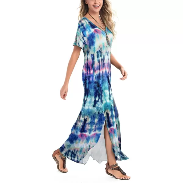 Arolina Womens Summer Maxi Dress Short Sleeve V Neck Casual Loose Long Beach Split Dresses with PocketsFloral Blue