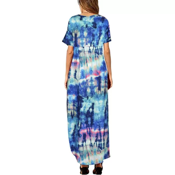 Arolina Womens Summer Maxi Dress Short Sleeve V Neck Casual Loose Long Beach Split Dresses with PocketsFloral Blue