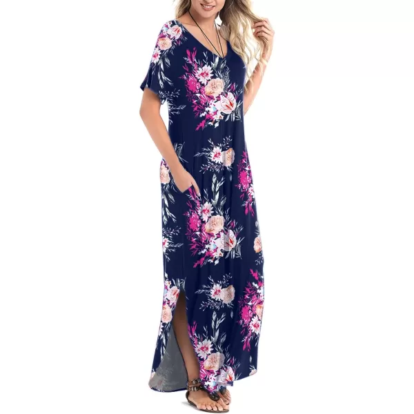 Arolina Womens Summer Maxi Dress Short Sleeve V Neck Casual Loose Long Beach Split Dresses with PocketsFlower Blue