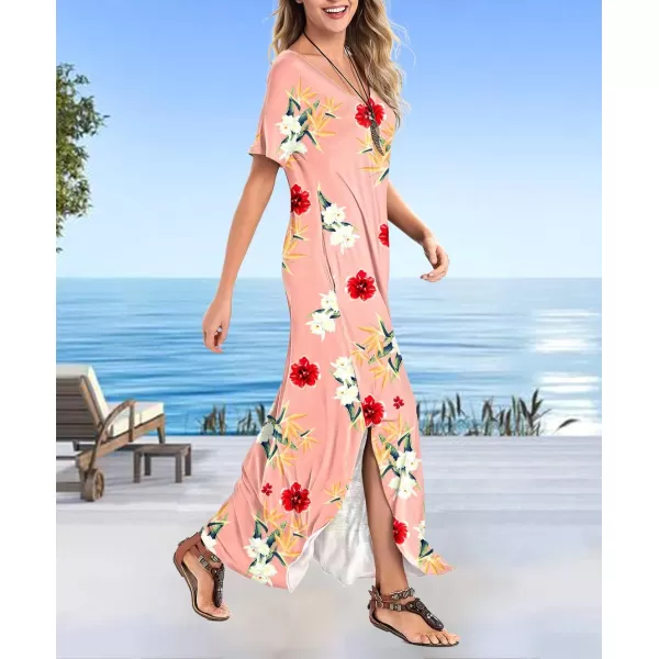 Arolina Womens Summer Maxi Dress Short Sleeve V Neck Casual Loose Long Beach Split Dresses with PocketsFlower Pink