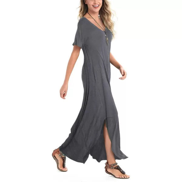 Arolina Womens Summer Maxi Dress Short Sleeve V Neck Casual Loose Long Beach Split Dresses with PocketsGrey