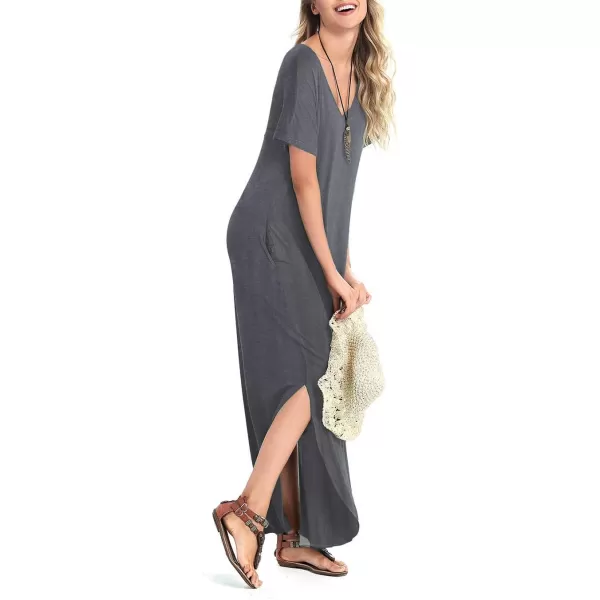 Arolina Womens Summer Maxi Dress Short Sleeve V Neck Casual Loose Long Beach Split Dresses with PocketsGrey